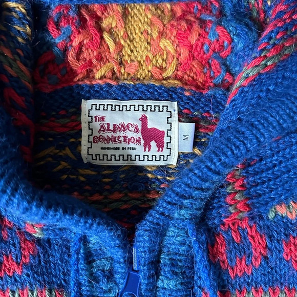 Rainbow Alpaca Cardigan Zip Up Hood Hand Knit in Peru Size L - Picture 7 of 9